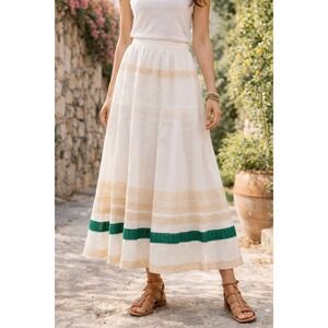 POSE Lace Eyelet Trimmed Maxi Skirt Womens 4 White Green Cotton Boho Cottagecore